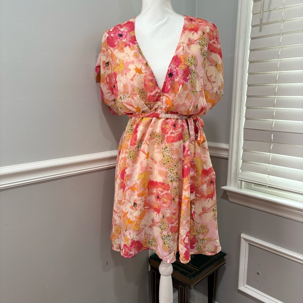 Free People Orange Pink Puff Sleeve Mini Dress